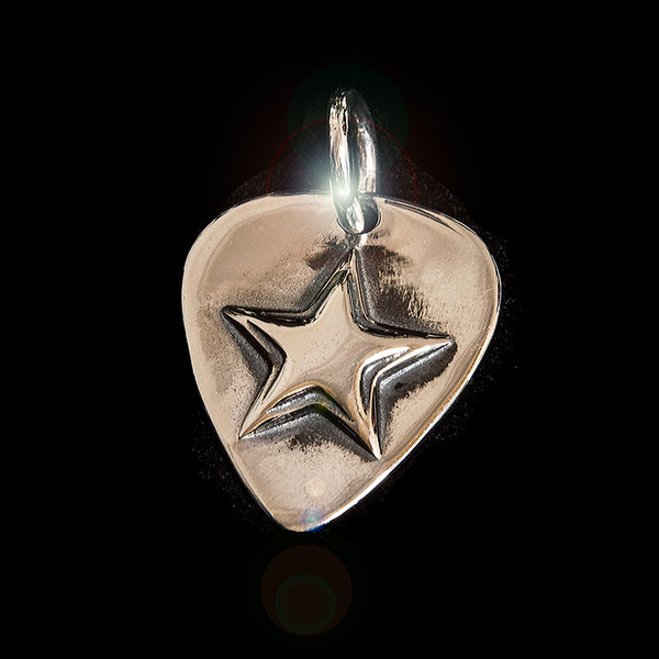Silver Star Guitar Pic Pendant on black.