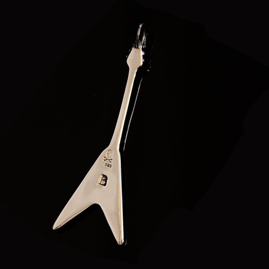 Silver Flyin V Pendant backside on black. 