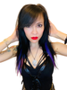 Woman with black hair and red lipstick wearing the lola bell skull pendant. 
