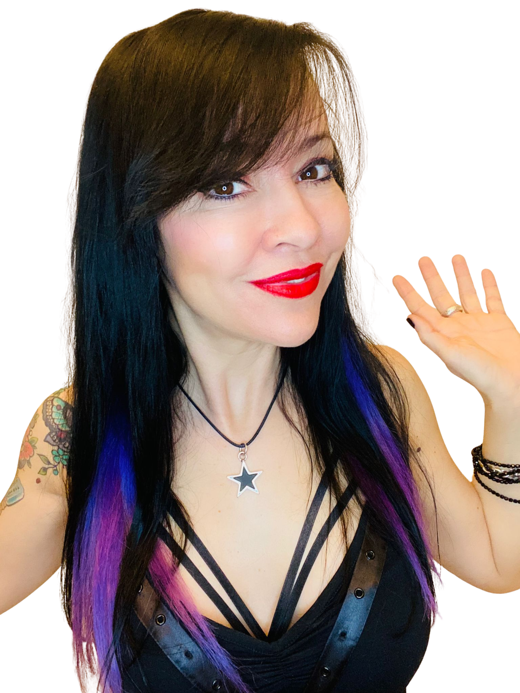 Woman with colorful hair and red lipstick wearing star pendant on a white background