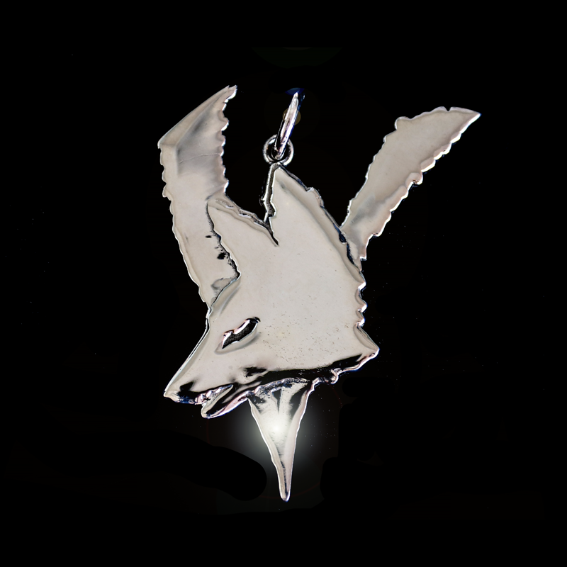 silver vixen band fox pendant logo on black. 